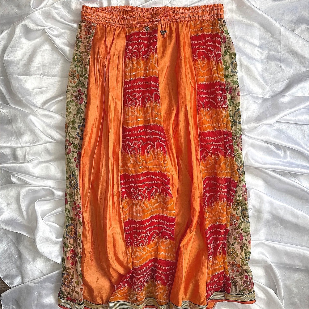 Dimri Orange Red Bandhani Floral Sequin Maxi Skirt Small Boho Cotton Lined
